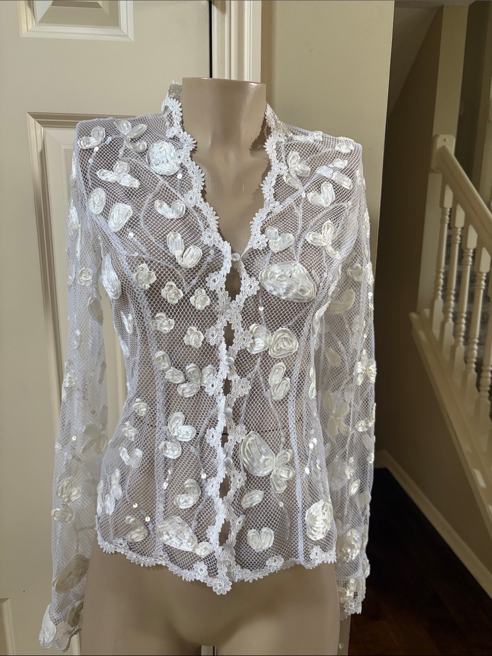 JS Boutique White Sheer Floral Lace Button-Front jacket, sz 4
